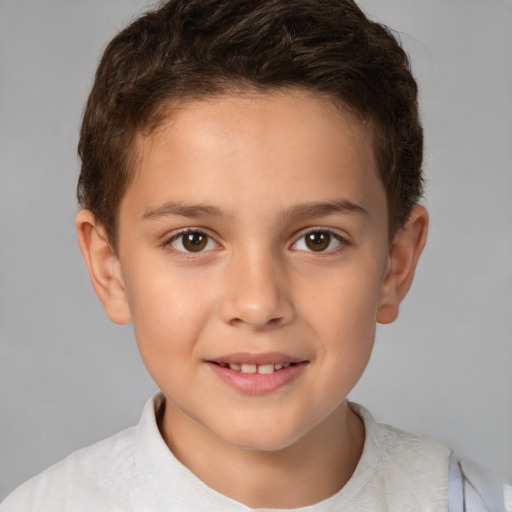 Joyful white child female with short  brown hair and brown eyes