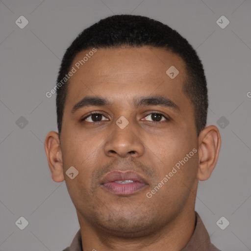 Neutral latino young-adult male with short  black hair and brown eyes