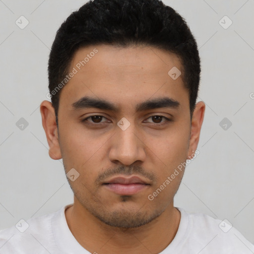 Neutral latino young-adult male with short  black hair and brown eyes