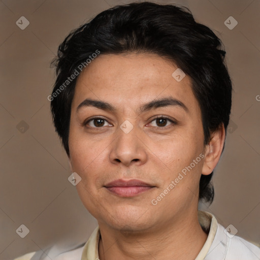 Joyful white adult female with short  brown hair and brown eyes