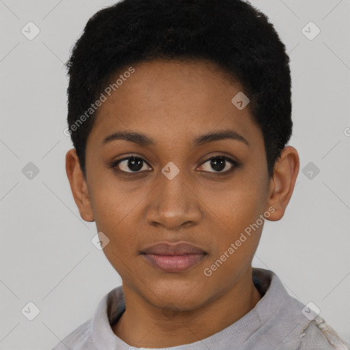 Neutral black young-adult female with short  black hair and brown eyes