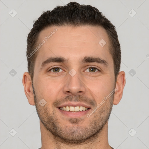 Joyful white young-adult male with short  brown hair and brown eyes