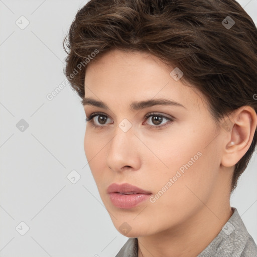 Neutral white young-adult female with short  brown hair and brown eyes