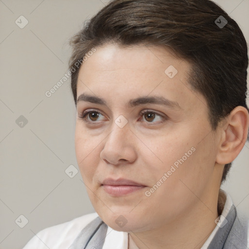 Joyful white adult female with short  brown hair and brown eyes