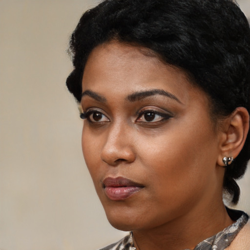 Neutral black young-adult female with short  black hair and brown eyes