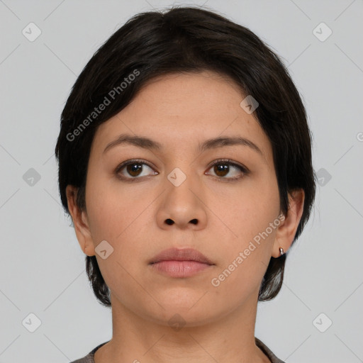 Neutral asian young-adult female with medium  brown hair and brown eyes