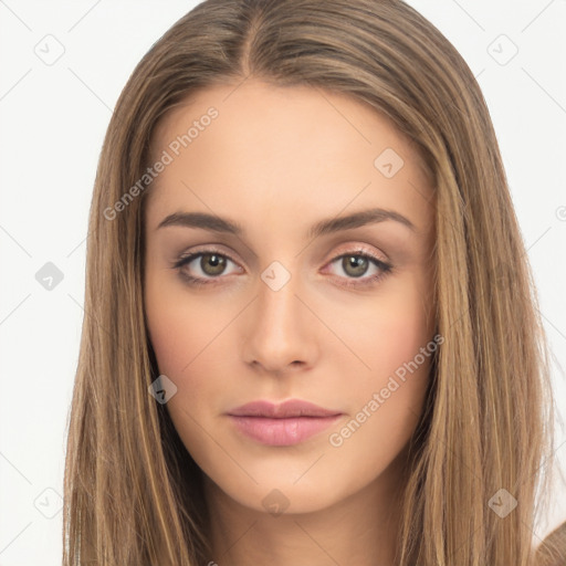 Neutral white young-adult female with long  brown hair and brown eyes