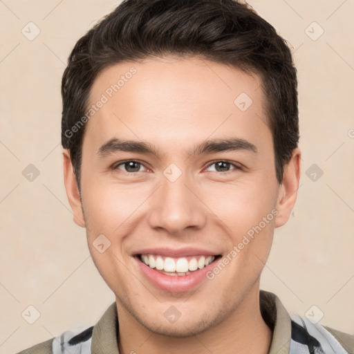 Joyful white young-adult male with short  brown hair and brown eyes