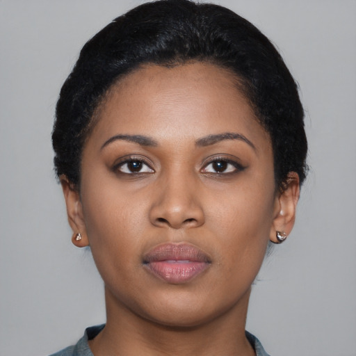 Neutral black young-adult female with short  black hair and brown eyes