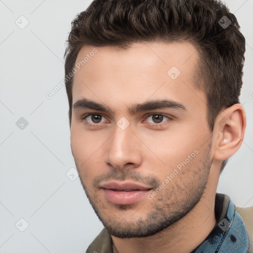 Neutral white young-adult male with short  brown hair and brown eyes