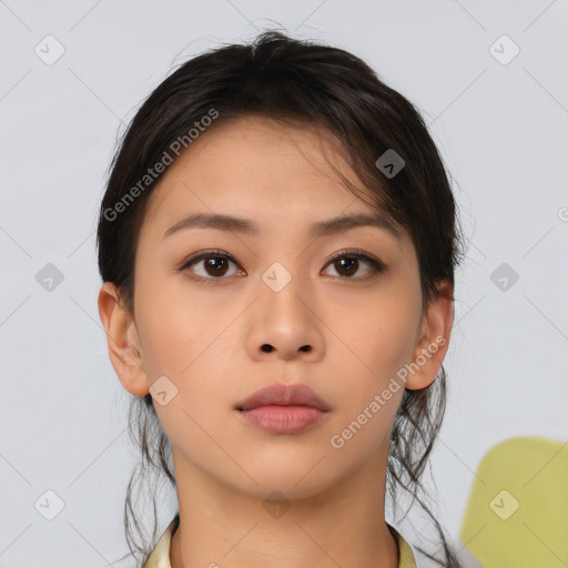 Neutral asian young-adult female with medium  brown hair and brown eyes