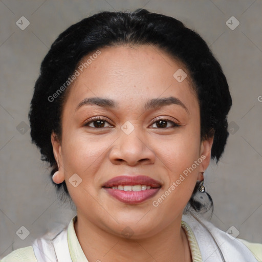 Joyful latino young-adult female with short  brown hair and brown eyes