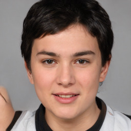 Joyful white young-adult male with medium  brown hair and brown eyes