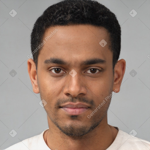 Neutral latino young-adult male with short  black hair and brown eyes