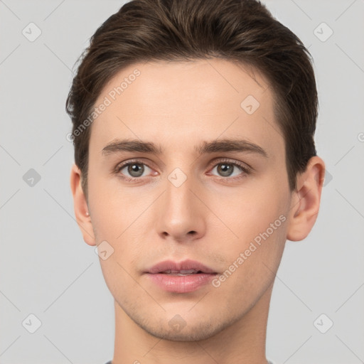 Neutral white young-adult male with short  brown hair and brown eyes