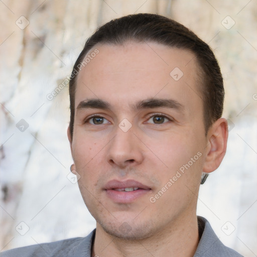 Neutral white young-adult male with short  brown hair and brown eyes