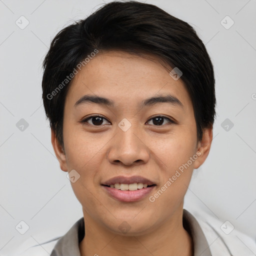 Joyful asian young-adult female with short  black hair and brown eyes