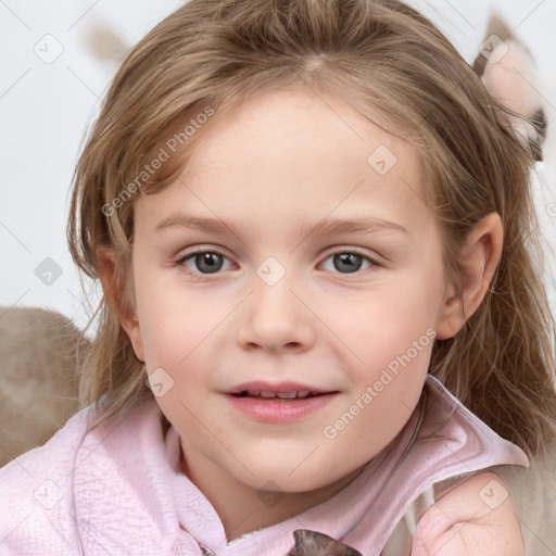 Joyful white child female with medium  brown hair and grey eyes