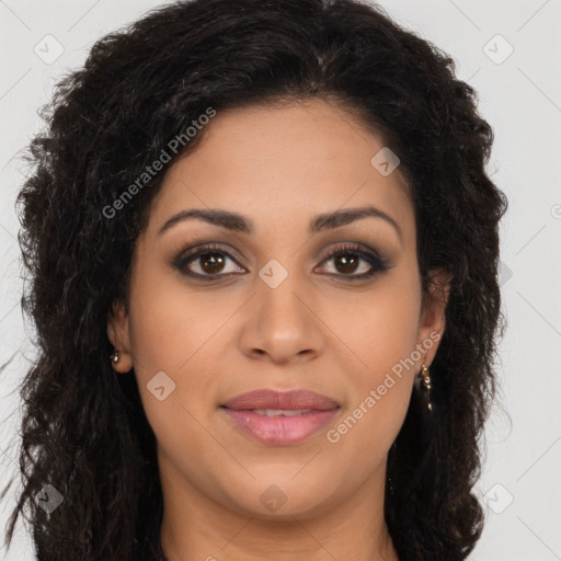 Joyful latino young-adult female with long  brown hair and brown eyes