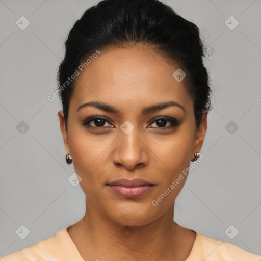 Joyful latino young-adult female with short  black hair and brown eyes