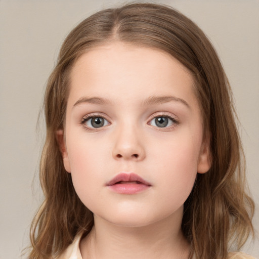 Neutral white child female with medium  brown hair and blue eyes