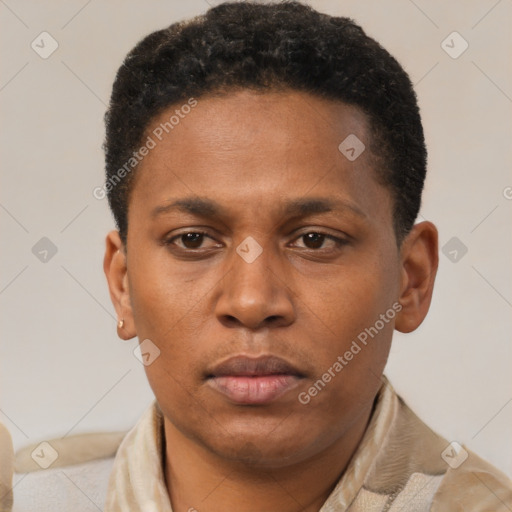 Neutral latino young-adult male with short  brown hair and brown eyes