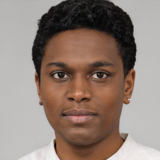 Neutral black young-adult male with short  black hair and brown eyes