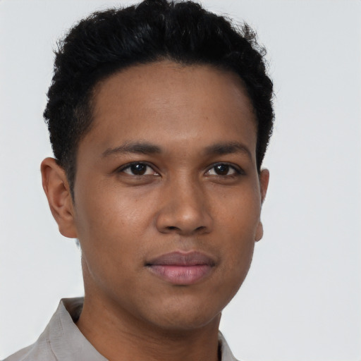 Neutral latino young-adult male with short  brown hair and brown eyes