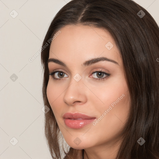 Neutral white young-adult female with long  brown hair and brown eyes