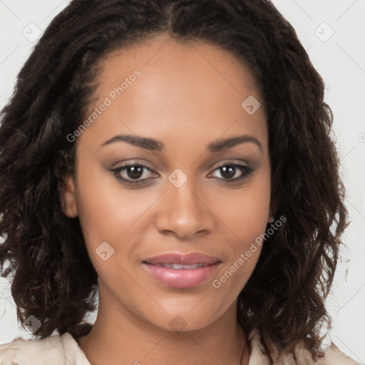 Joyful latino young-adult female with long  brown hair and brown eyes