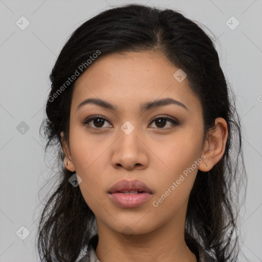 Neutral asian young-adult female with long  black hair and brown eyes