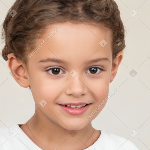 Joyful white child female with short  brown hair and brown eyes