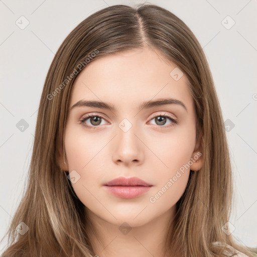 Neutral white young-adult female with long  brown hair and brown eyes