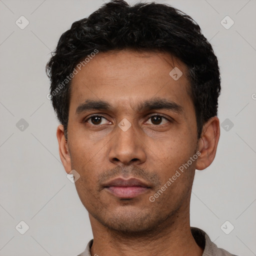 Neutral latino young-adult male with short  black hair and brown eyes