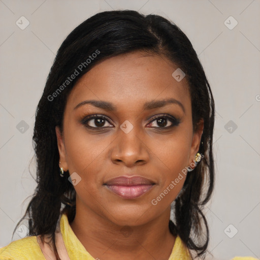 Joyful black young-adult female with medium  black hair and brown eyes