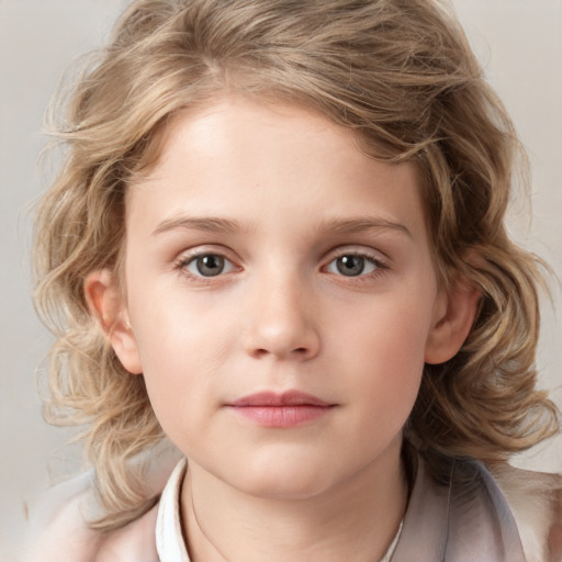 Neutral white child female with medium  brown hair and grey eyes