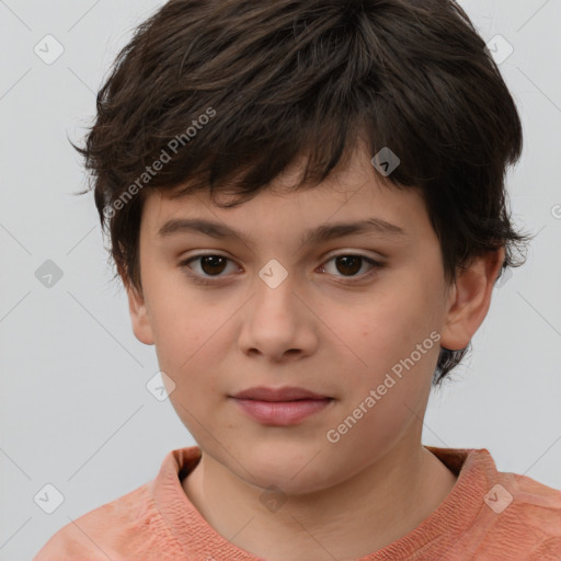 Joyful white child female with short  brown hair and brown eyes