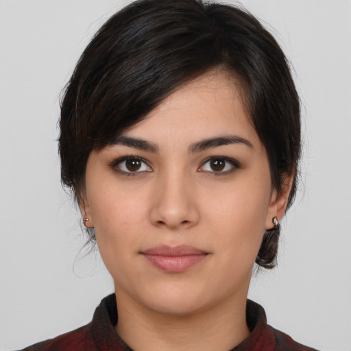 Neutral asian young-adult female with medium  black hair and brown eyes