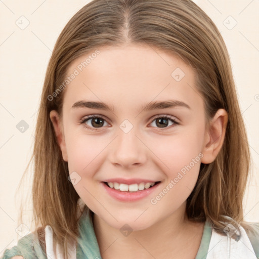 Joyful white child female with medium  brown hair and brown eyes