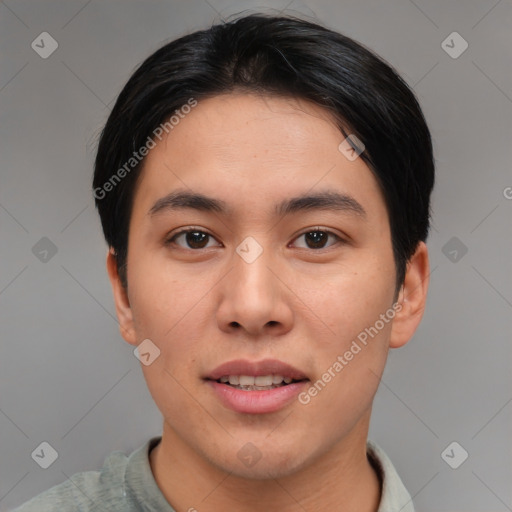 Joyful asian young-adult male with short  black hair and brown eyes