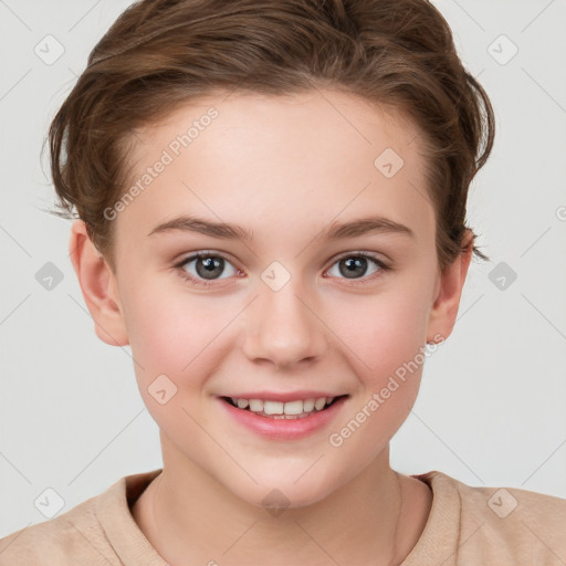 Joyful white child female with short  brown hair and grey eyes