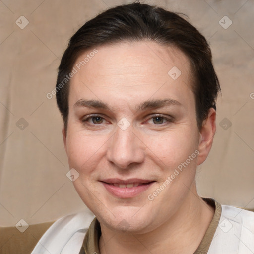 Joyful white adult female with short  brown hair and brown eyes