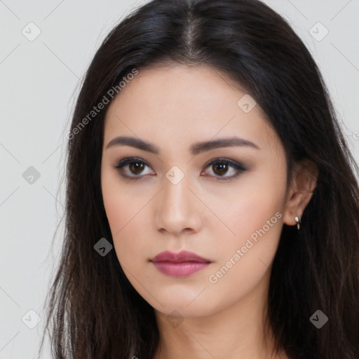 Neutral asian young-adult female with long  brown hair and brown eyes