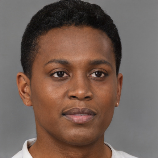 Joyful black young-adult male with short  brown hair and brown eyes