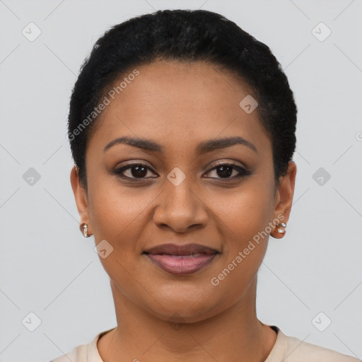 Joyful latino young-adult female with short  black hair and brown eyes