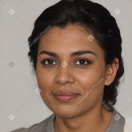 Joyful latino young-adult female with medium  black hair and brown eyes