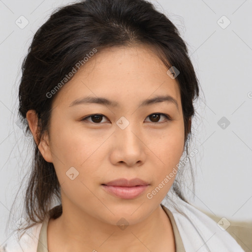 Neutral asian young-adult female with medium  brown hair and brown eyes