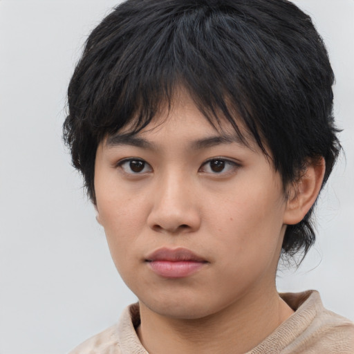 Neutral asian young-adult female with medium  brown hair and brown eyes