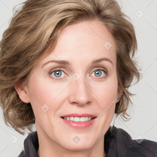 Joyful white adult female with medium  brown hair and blue eyes