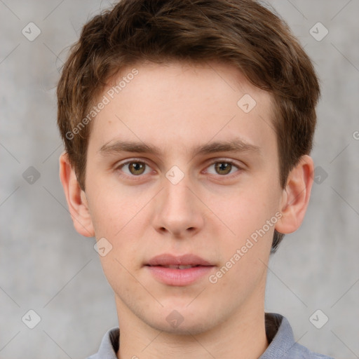 Neutral white young-adult male with short  brown hair and grey eyes